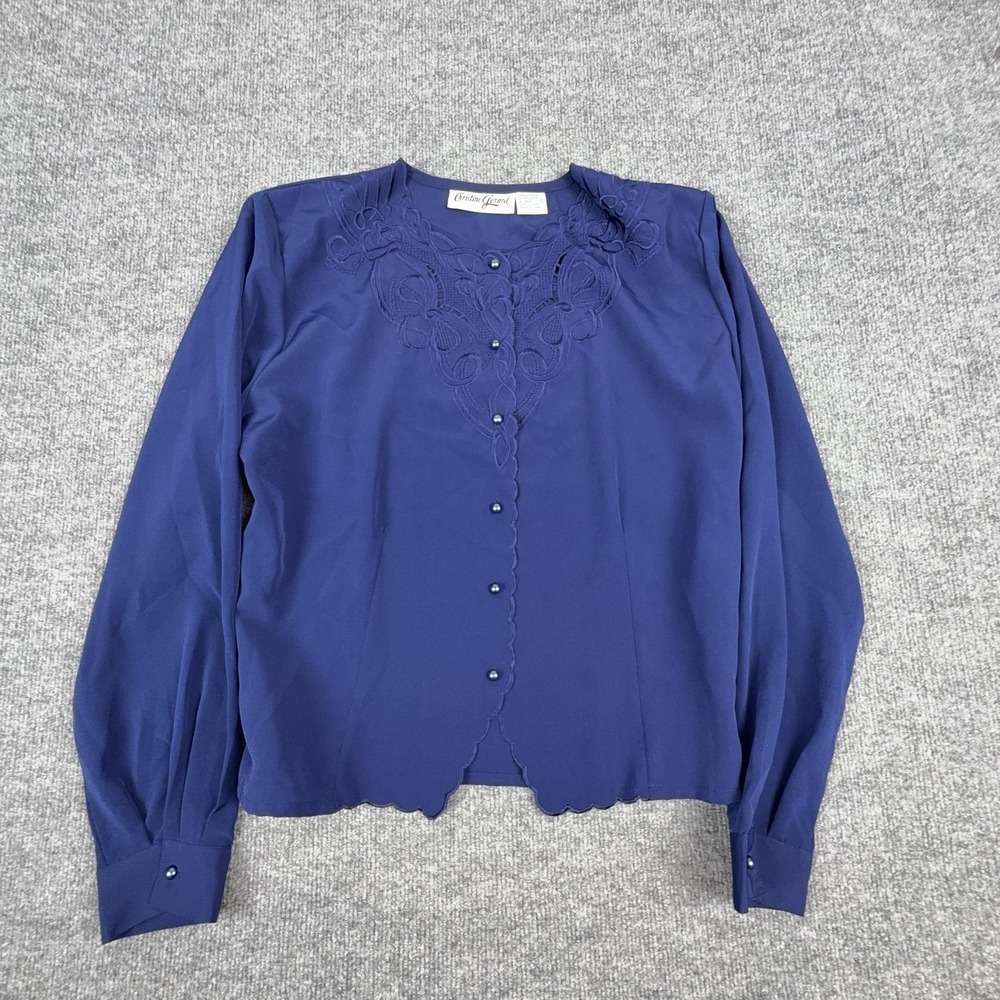 Christine Gerard Blouse Womens 16 Blue Embroidered Button Front Long Sleeve